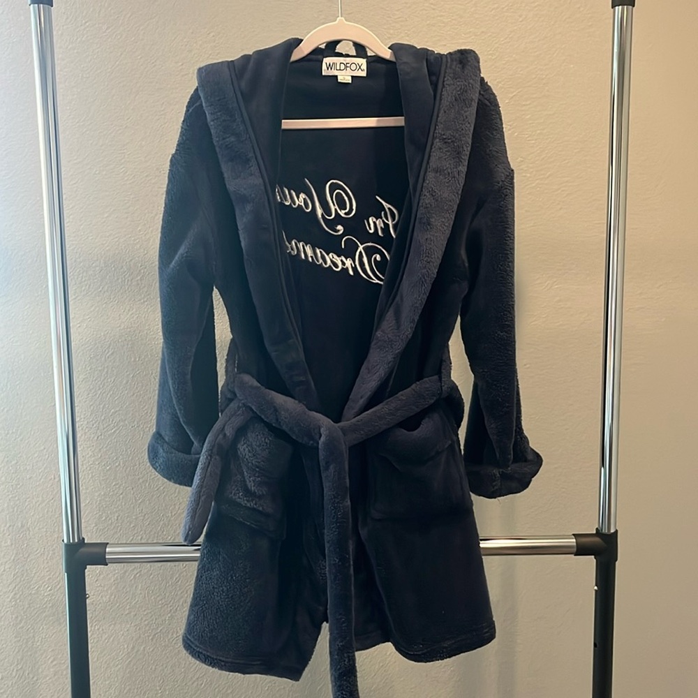 Navy Blue Wildfox robe with white embroidered text on the back